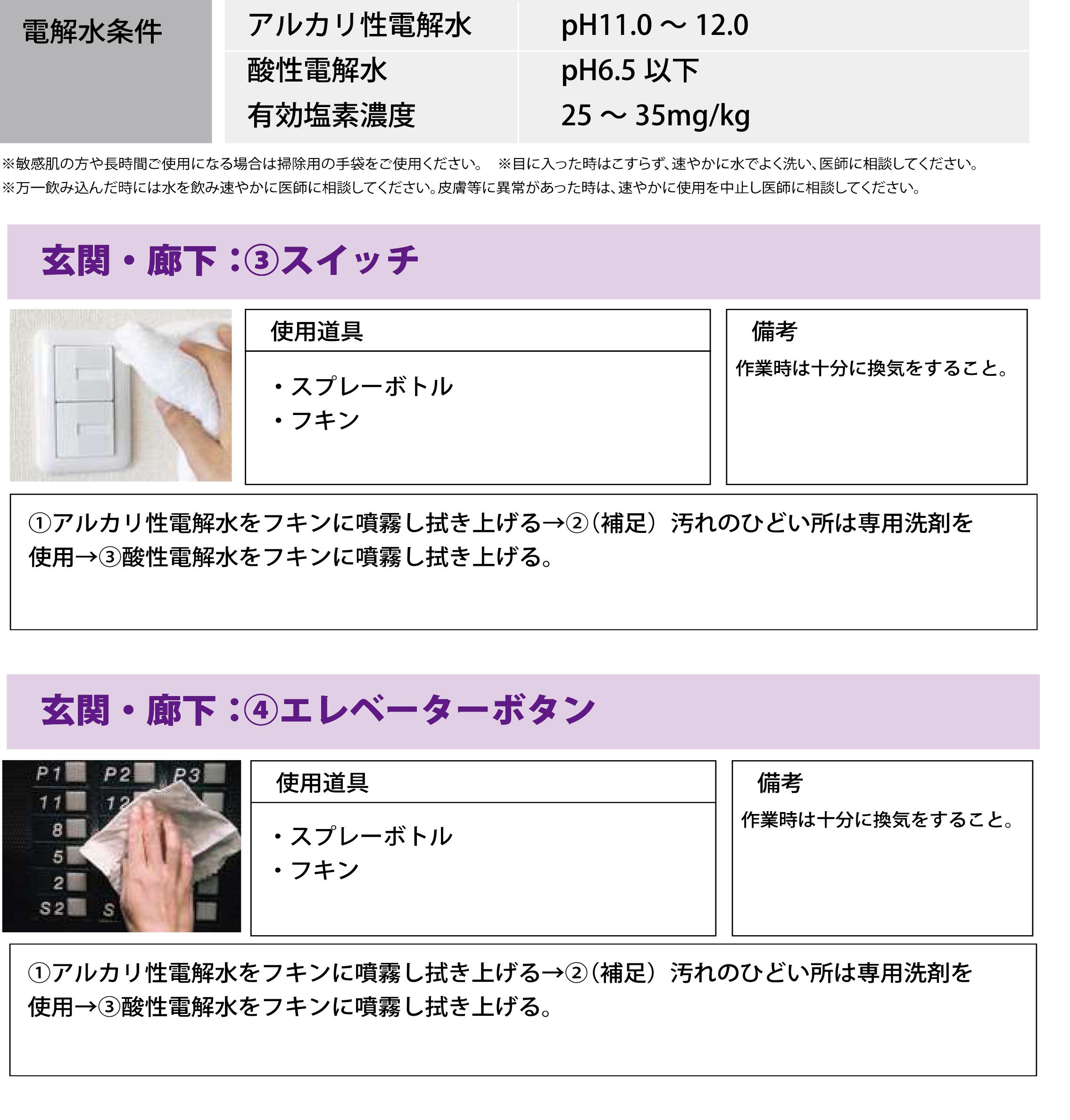 電解水の活用方法_玄関廊下のスイッチ、エレベーターボタン、