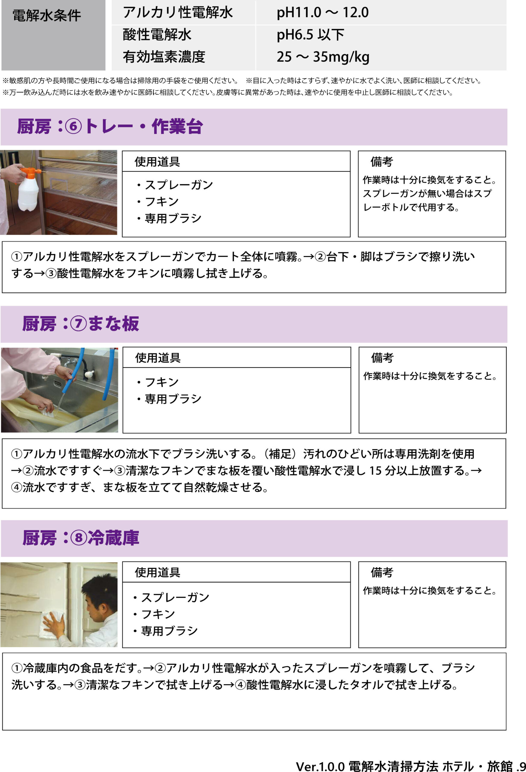 電解水の活用方法_衆望のトレー・作業台、まな板、冷蔵庫
