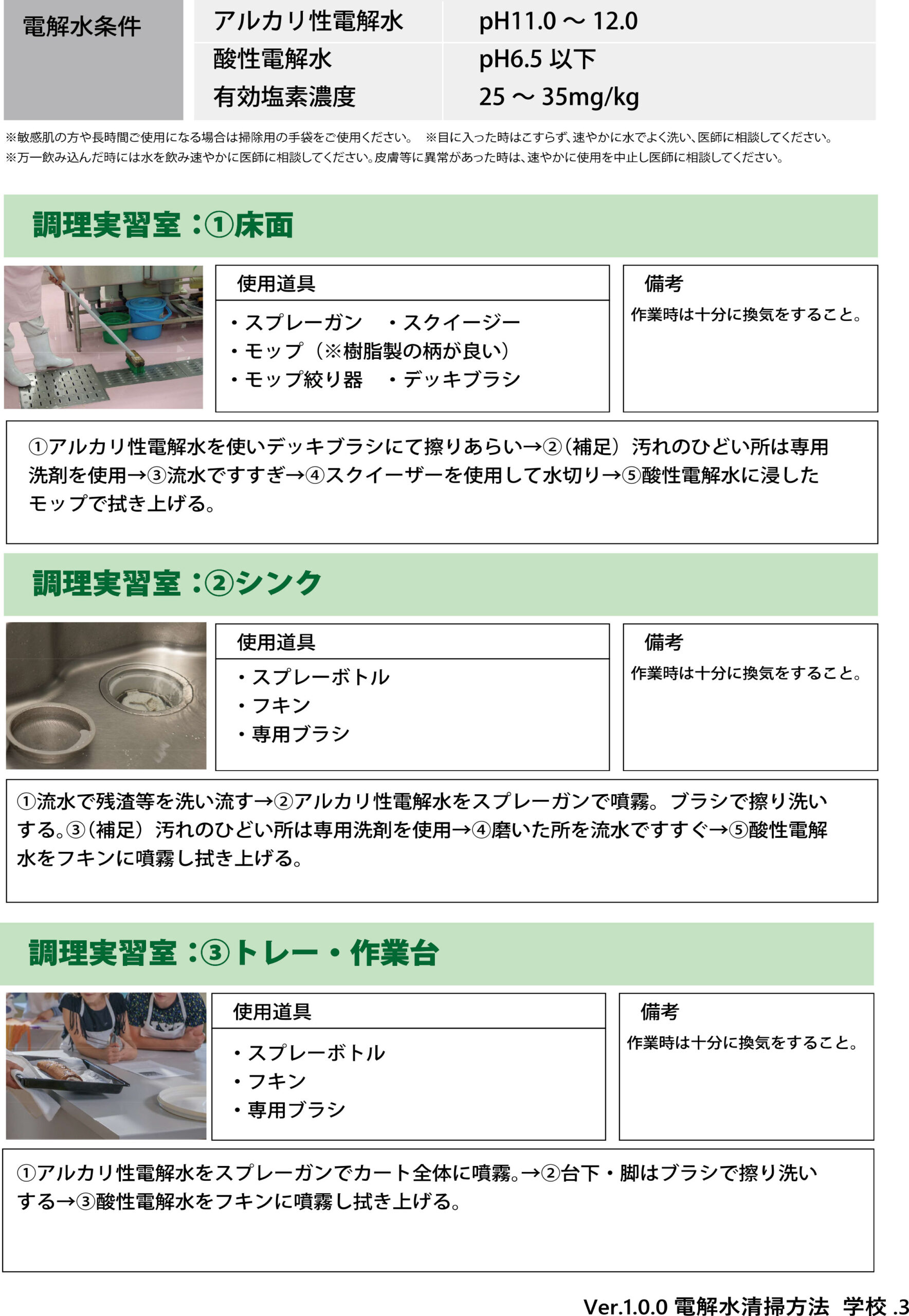 学校・幼稚園・保育園の調理実習室、厨房での電解水の活用方法