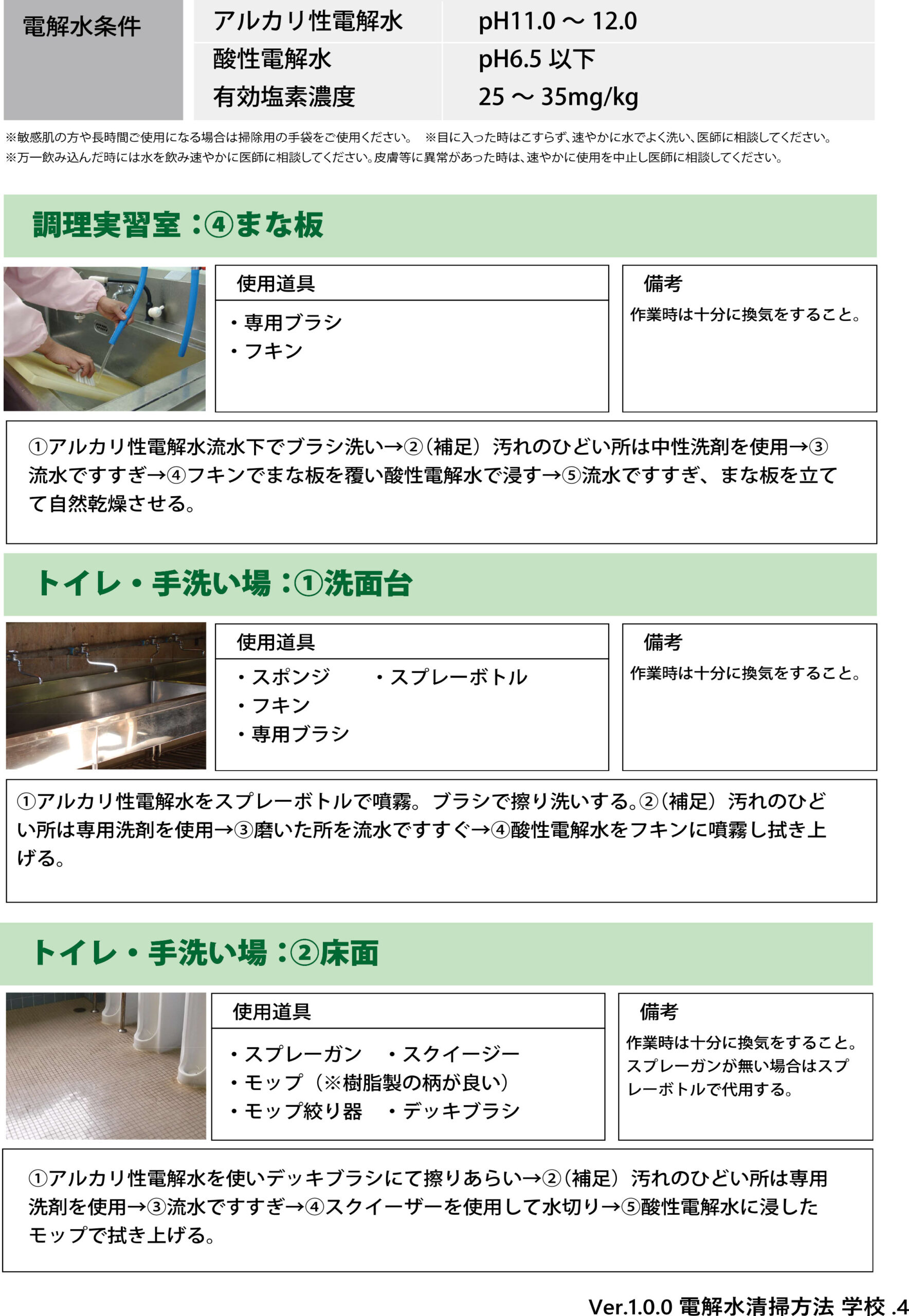 学校・幼稚園・保育園の調理実習室・厨房のまな板、洗面台、トイレの床面での電解水の活用方法